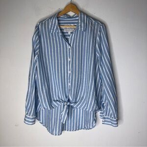 Lola River Blue White Stripe Collar Button Down Tue Front Lyocell Linen Blend L